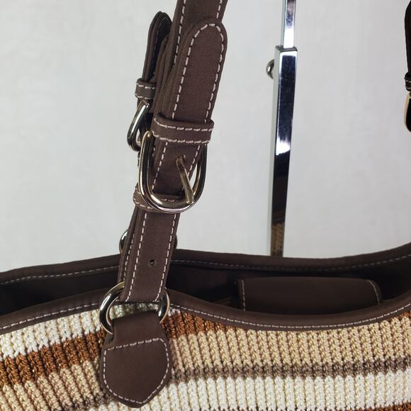 The SAK Beige Brown Stripe Crochet Shoulder Bag Purse Double Handle Satchel - Picture 4 of 16